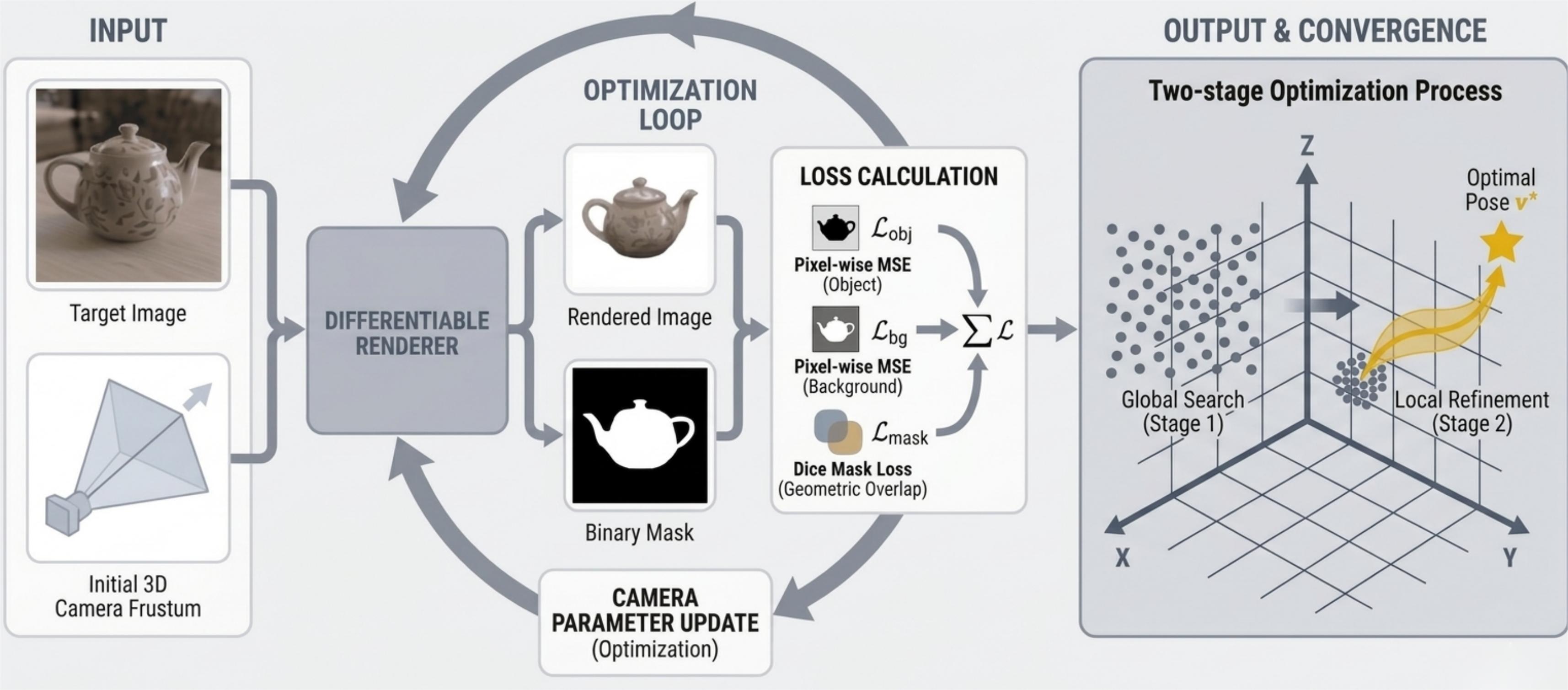 Differentiable rendering pipeline for explicit camera pose estimation